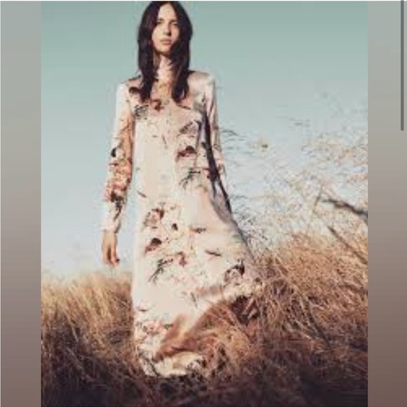 L wilfred aritzia bird print Laverne pink silk dress long sleeve Midi pink - Picture 2 of 8